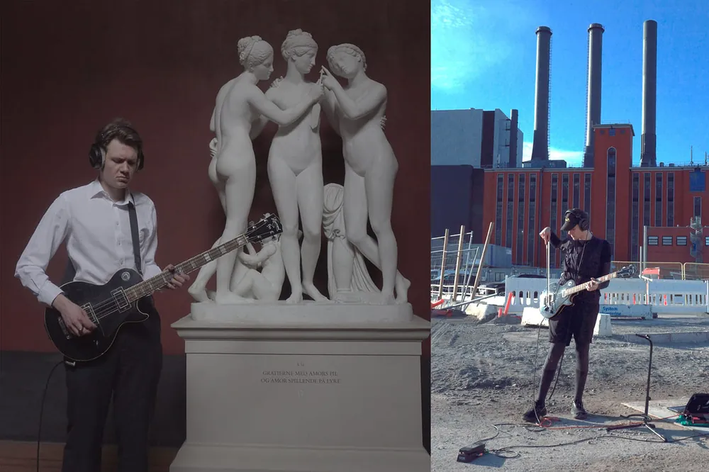 A bass player performing beside a classical marble sculpture group, alongside a shot of industrial chimneys.