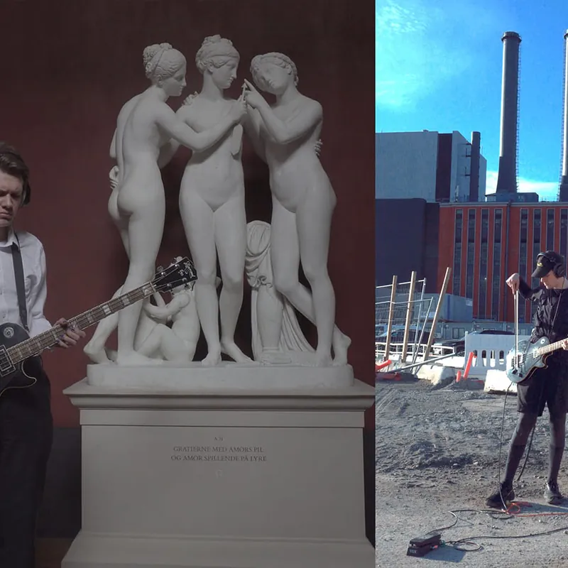A bass player performing beside a classical marble sculpture group, alongside a shot of industrial chimneys.