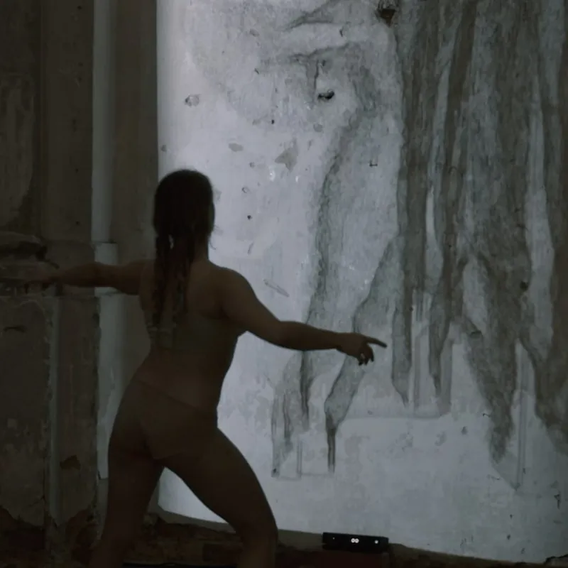 A dancer silhouetted against a large projected wall in a darkened room.