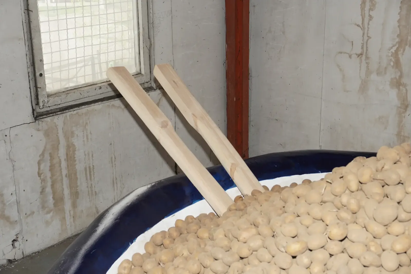 Detail of the bowl’s glazed rim and the potatoes inside it.
